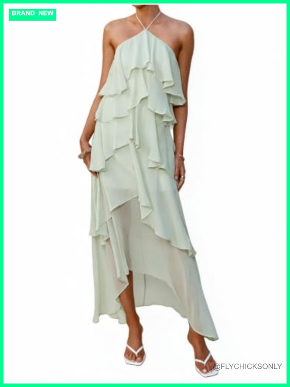 Halter Tiered Maxi Dress Wedding Guest A-Line Ruffle Sleeveless Formal